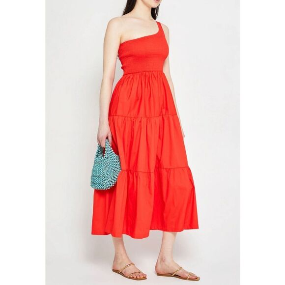 O.P.T. Milada Smocked One Shoulder Midi Dress with Pockets in Poppy Red Size M - Picture 1 of 12